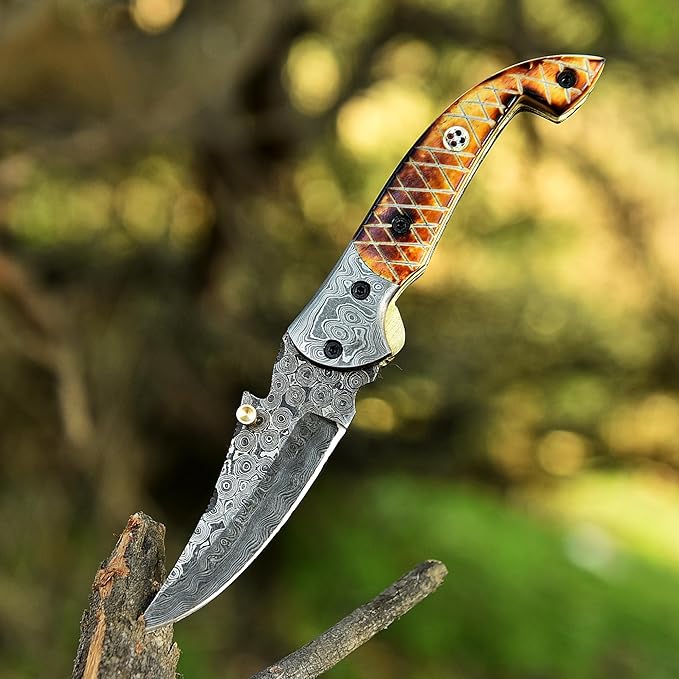 Handmade Damascus Folding Knife for Men with Burn Bone, 7.5 inch Pocket Knife with Sheath,Tactical Camping Knife with Liner Lock for Outdoor, Survival, Hunting, Fishing,