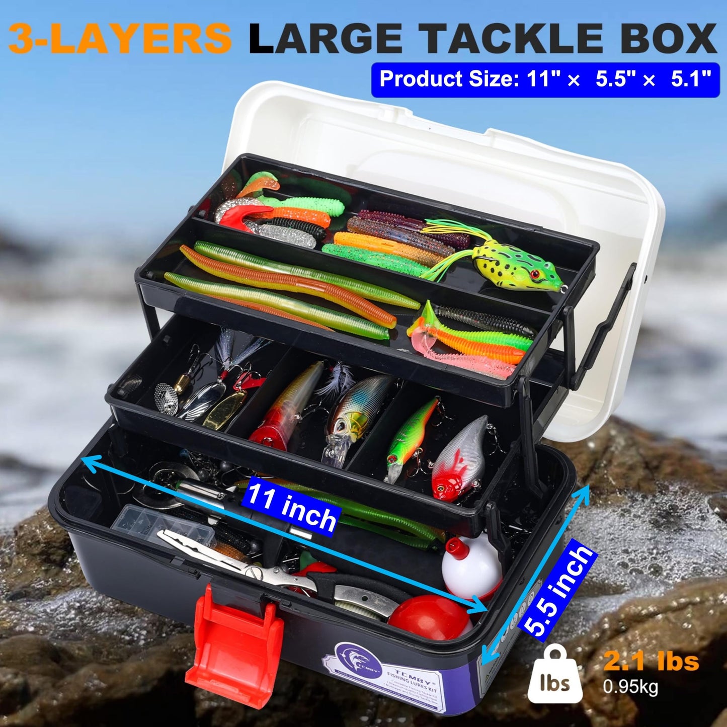 TCMBY 3 Layers Tackle Box with Tackle Included, 321Pcs Fishing Lures Kit Contains Pliers
