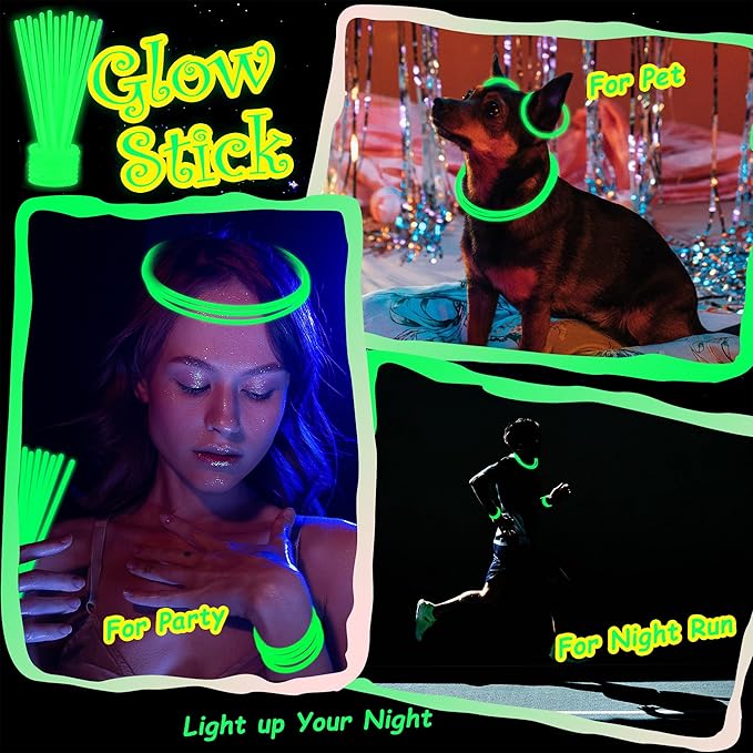 100 pk 8" Glow Sticks Bulk Party Favors, Light up Glow Necklaces & Bracelets in the Dark Party Supplies For Christmas Halloween St. Patrick Birthday Neon Party (100 * Green)