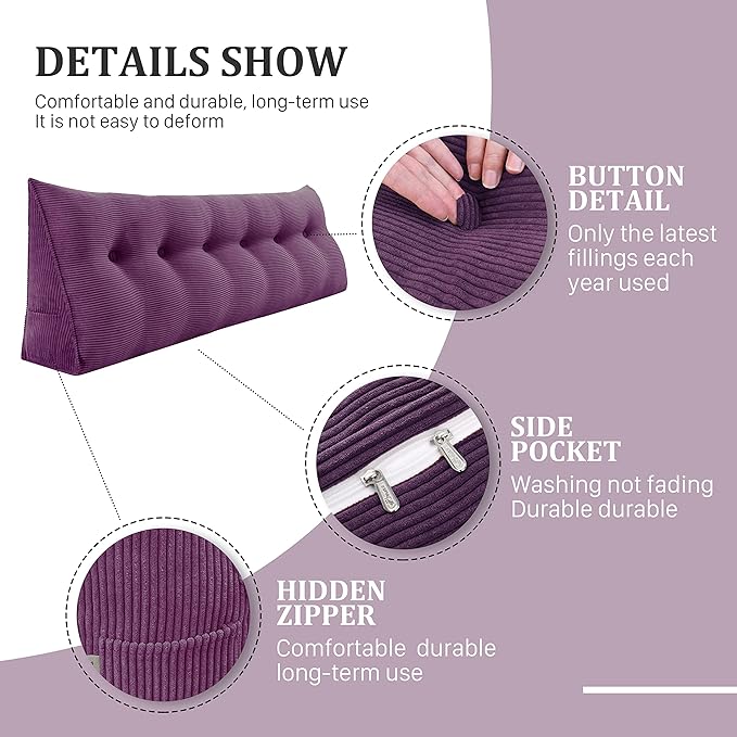 13 lbs Thickened Wedge Pillow Headboard Body Positioner Triangular Reading Pillow Bed Bolster Pillow for Sitting in Bedwith Removable Cover Backrest Purple California King