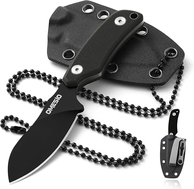 Omesio Neck Knife, 5.82" Small Fixed Blade Tactical Knife, Compact Full Tang EDC Neck Knife with Sheath and Clip, Nessmuk D2 Steel G10 Handle Mini Knife Necklace for Outdoor, Hiking, Camping
