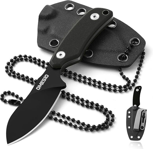 Omesio Neck Knife, 5.82" Small Fixed Blade Tactical Knife, Compact Full Tang EDC Neck Knife with Sheath and Clip, Nessmuk D2 Steel G10 Handle Mini Knife Necklace for Outdoor, Hiking, Camping