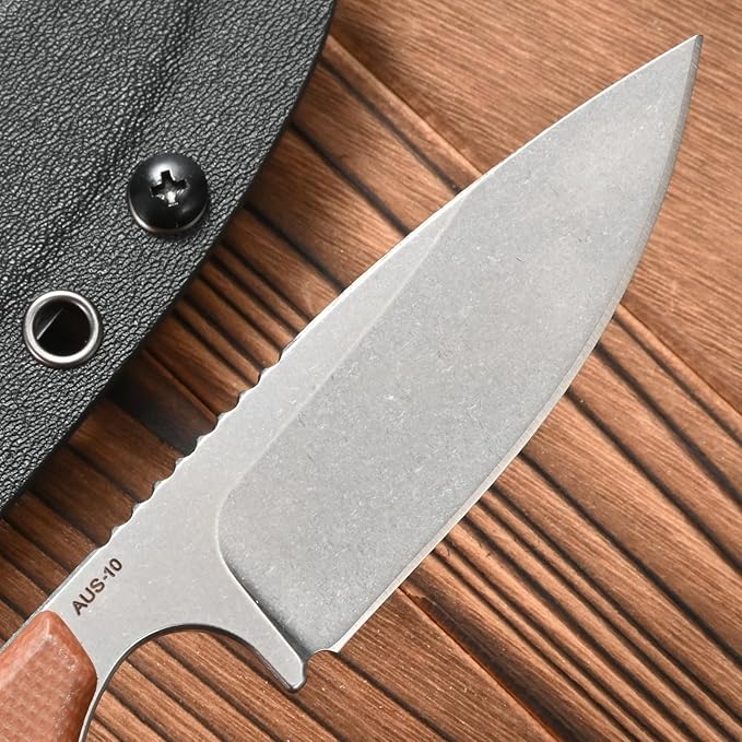 FF101 Micarta Handle Fixed Blade Knife, AUS-10 Steel Blade Full Tang Knife with Sheath for Outdoor Camping Hunting Fishing Working (Brown)