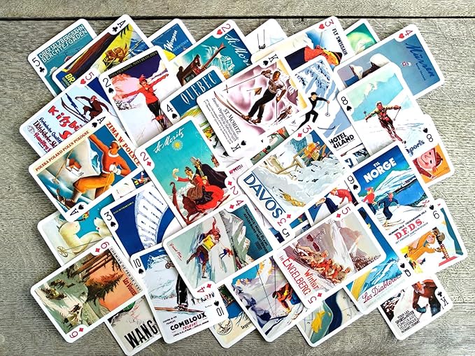Winter Sport Playing Cards (Poker Deck 54 Cards All Different) Vintage European Travel Posters Retro Adverts