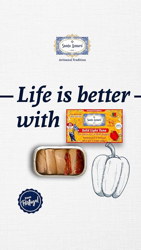 Santo Amaro - Artisanal Wild Tuna Fillets in Olive Oil & Red Bell Pepper, Pole & Line Caught Tuna from Portugal, Hand-Packed Sevilla-Style Canned Tuna Fish, 22g Protein, Keto, Low Mercury, Pack of 6