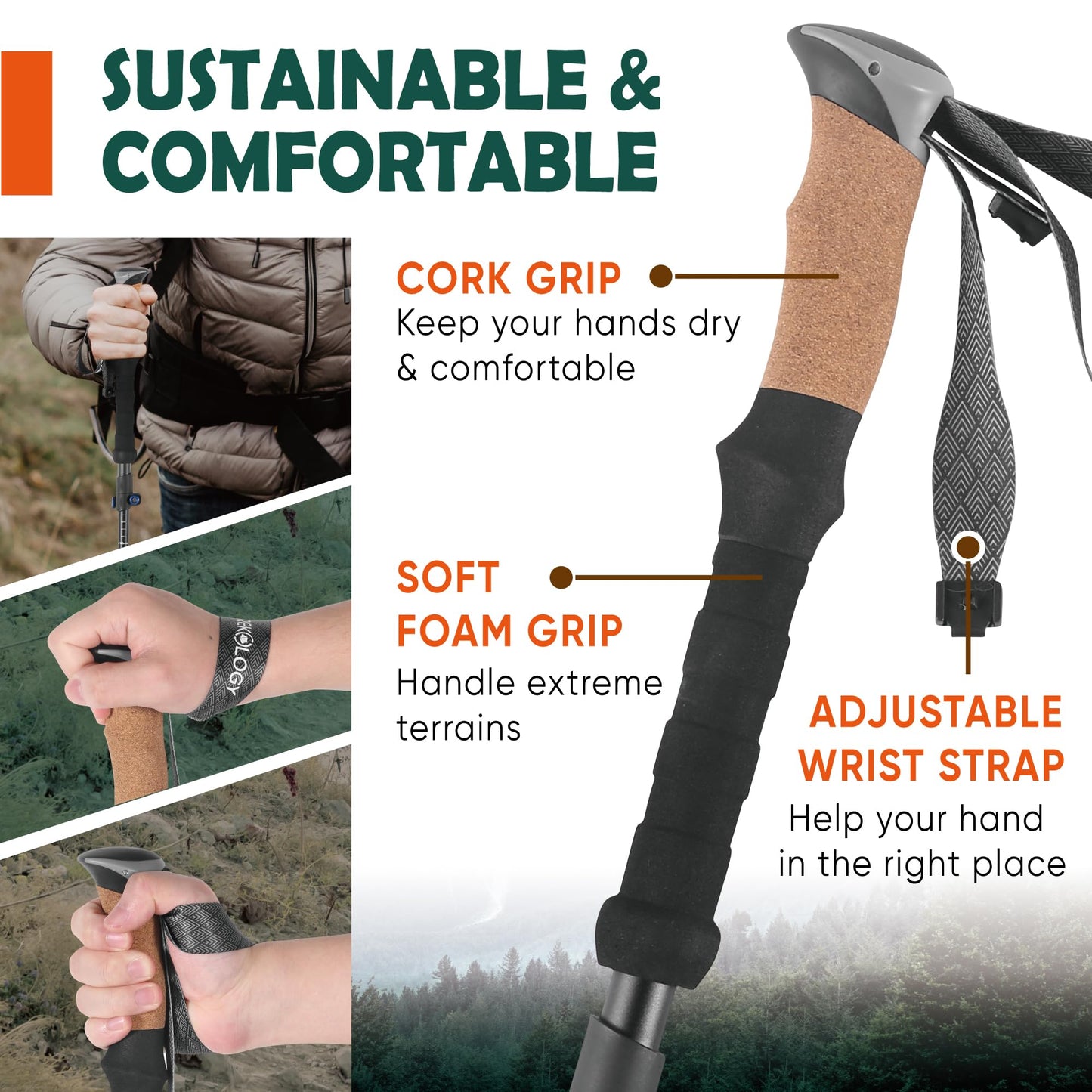 TREKOLOGY Trek-Z Cork Grip Trekking Poles – Lightweight Folding Hiking Poles, Adjustable Height