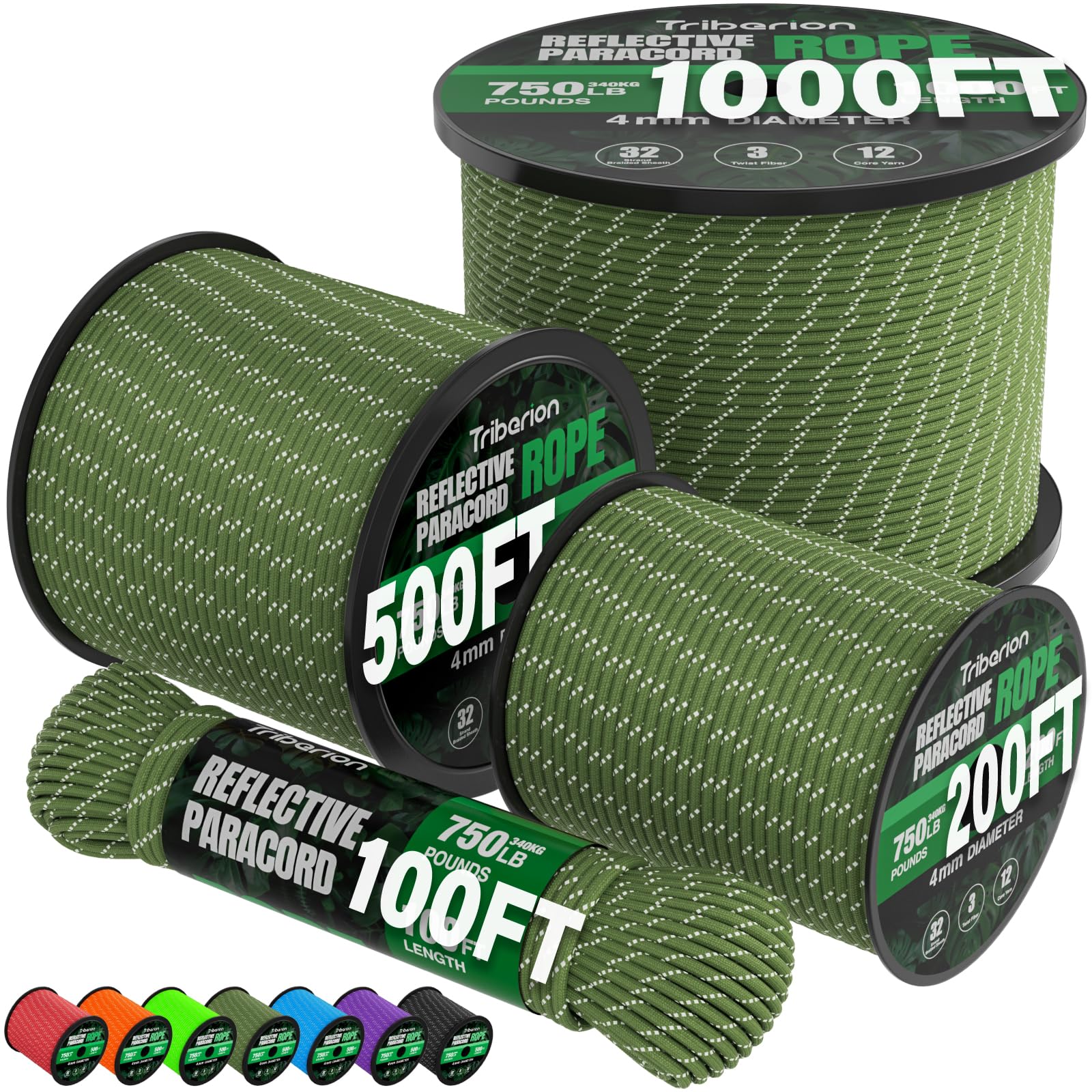 TRIBERION Reflective Paracord Rope 750 lb - 50ft 5/32" Parachute Cord 4MM 12-Strand para Cord