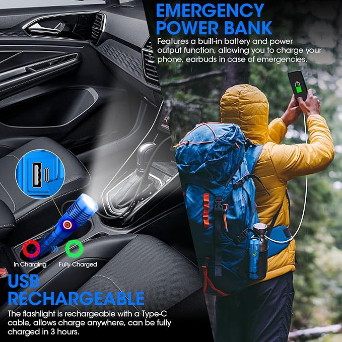 Rechargeable Flashlight High Lumens, High Lumens Super Bright Flash Light, Long-Range Zoomable LED Flashlights for Emergency, EDC, Searching, Waterproof Flashlight Dimmable Blue Pcs