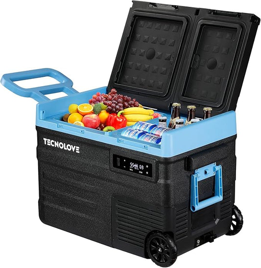 45L Car Refrigerator Freezer, 48QT Dual Zone 12V / 24V Portable Fridge with Reversible Door, Battery Slot, All-Terrain Wheels, AC/DC Powered, Touchscreen Control, LED Light, -4℉~68℉, Ice Blue
