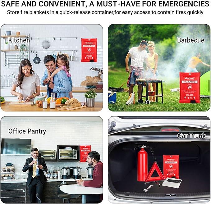 Heavy-Duty Emergency Fire Blanket, 2 Pack ??Fireproof Fiberglass Blanket for Kitchen, Home, Car, Grill, Fireplace, Camping, Heat Shield, Grease Fires, Emergency Fire Suppression