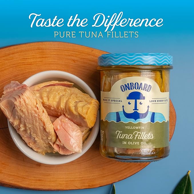 ONBOARD Yellowfin Tuna Fillets, Mediterranean Seafood Diet | Pescatarian Jarred Atun, Fresh Sea Tuna Salad | High in Protein - Healthy Ready-to-Eat Snacks, Packed in Glass Jar | (6 Packs, Olive Oil)