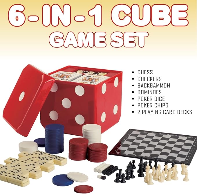Gamie 6-in-1 Dice Cube Game Set Board Game and Casino Set?“Includes Chess, Checkers and Backgammon, 2 Decks of Playing Cards, Poker Chips, Poker Dice and Dominoes-Complete Kit for Family Fun