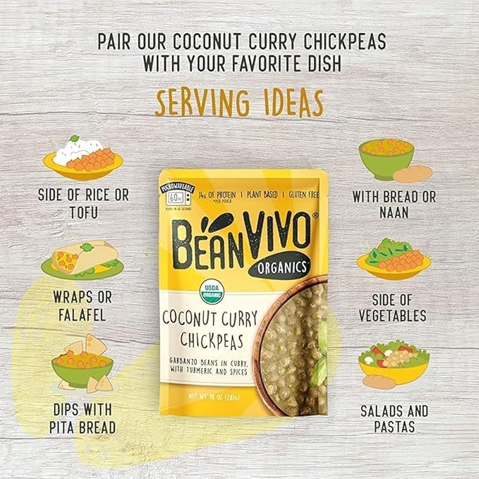BeanVIVO (Pack of 12) Organics 14g Plant based Protein Coconut Curry Chickpeas - Good Source of Fiber - Nutritious & Microwave Meal - Gluten-Free Plant Food - 10 oz
