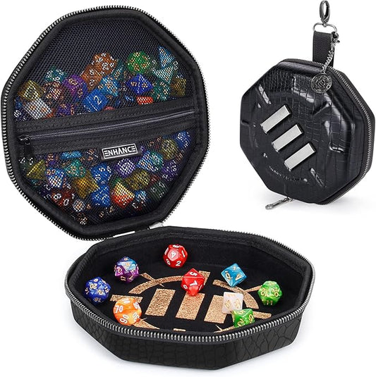 ENHANCE DND Dice Tray and Case - Collector's Edition DND Dice Holder up to 150 D&D Shakers with Hard Shell Exterior and Protective Soft Interior - Rolling Tray Perfect for Game Night (Dragon Black)