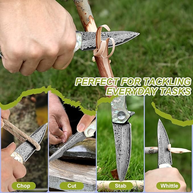 Benkey Damascus Pocket Knife, Extremely Sharp VG10 Core Damascus Steel Folding Knives with Clip and Leather Sheath, Unique Abalone Seashells Handle, Ball Bearing, Liner Lock, Knife for EDC Men Women