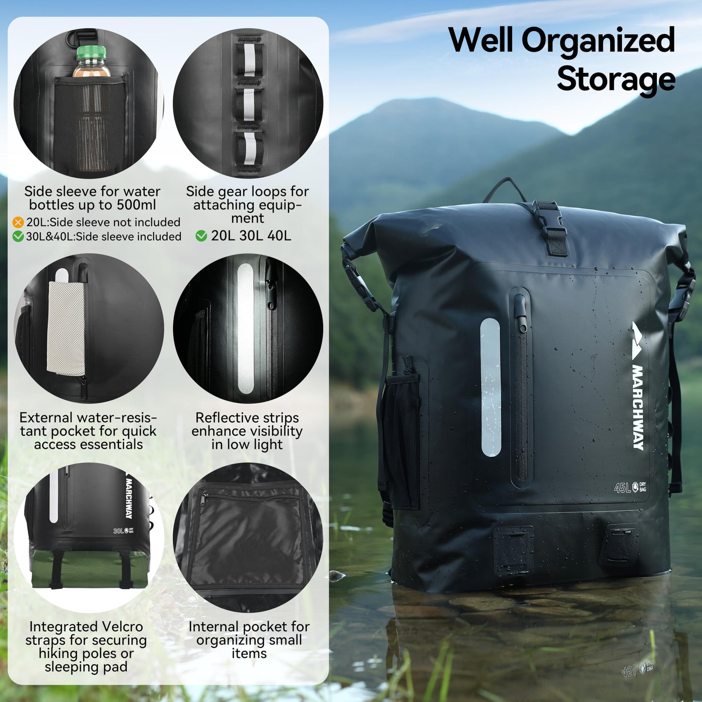 MARCHWAY Roll Top Waterproof Backpack, Floating Dry Bag 20L/30L/45L with Ergonomic Rectangular