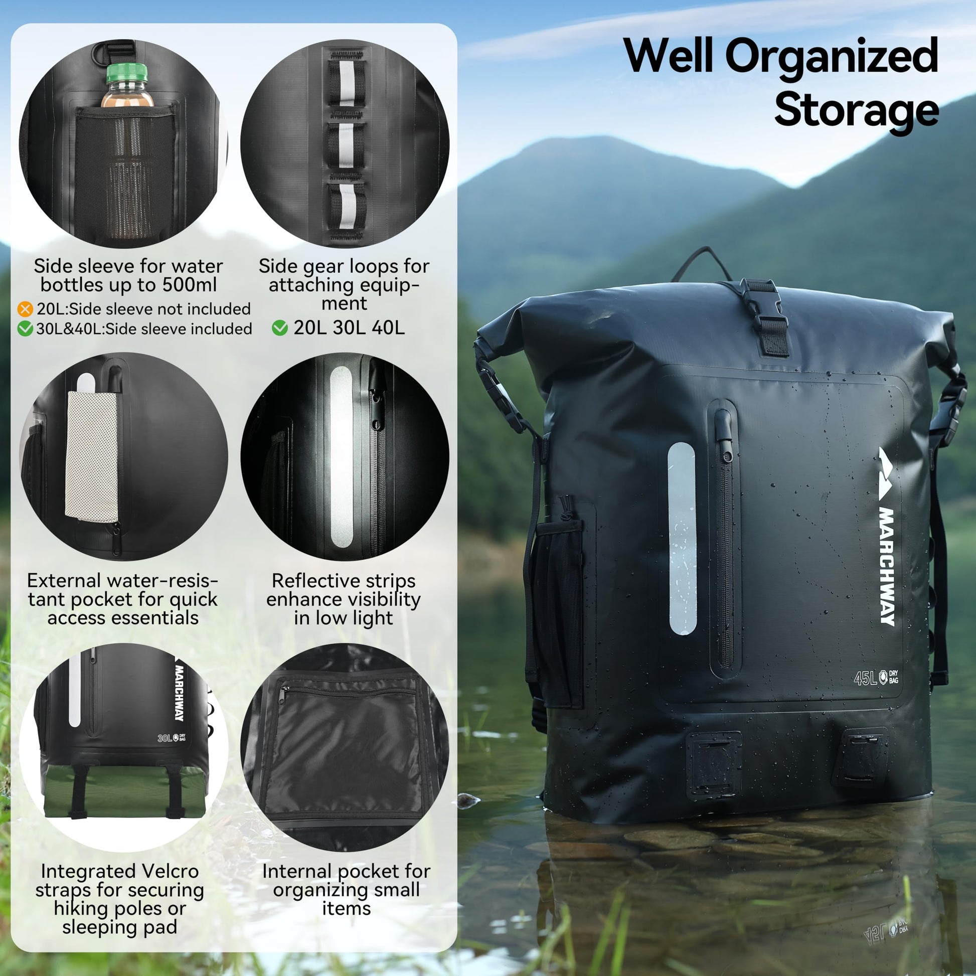 MARCHWAY Roll Top Waterproof Backpack, Floating Dry Bag 20L/30L/45L with Ergonomic Rectangular