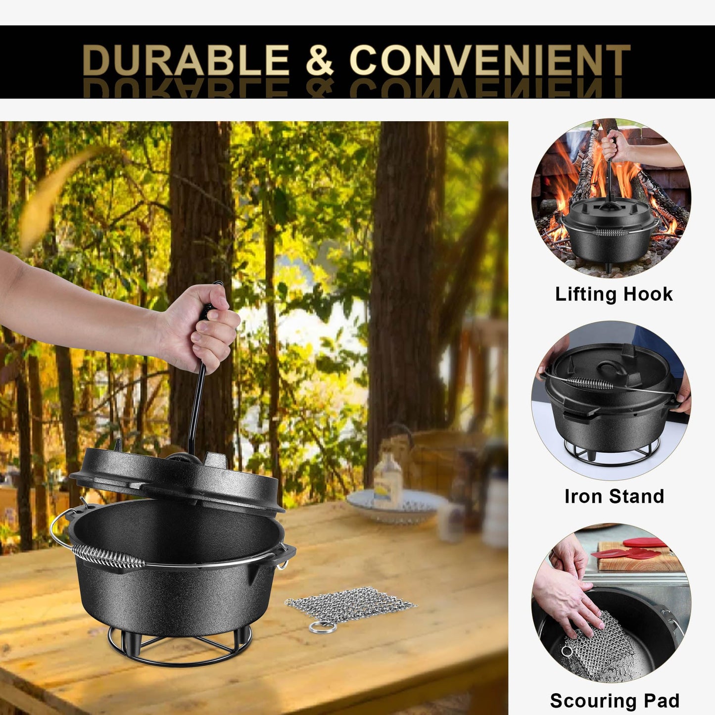 Joyfair Pre-seasoned Cast Iron Camp Dutch Oven with Accessories, 5QT Pot