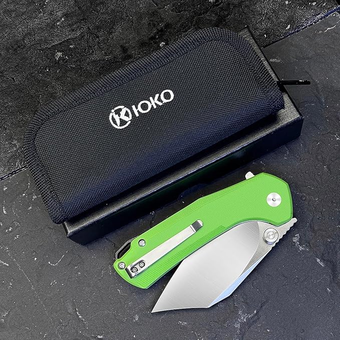 ioko Folding Pocket Knife, 3.5-Inch D2 Steel Blade, G10 Handle, EDC Camping Survival Knife with Clip (Green)