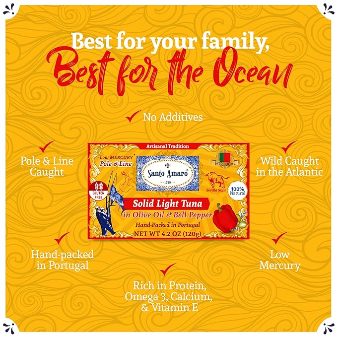 Santo Amaro - Artisanal Wild Tuna Fillets in Olive Oil & Red Bell Pepper, Pole & Line Caught Tuna from Portugal, Hand-Packed Sevilla-Style Canned Tuna Fish, 22g Protein, Keto, Low Mercury, Pack of 6