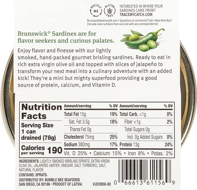 Brunswick Wild Caught Gourmet Brisling Sardines in Extra Virgin Olive Oil Topped with Jalapeño Slices,4.23 oz Can (Pack of 12)- Wild Caught Sardines- 13g Protein per Serving- Gluten No,Keto Friendly