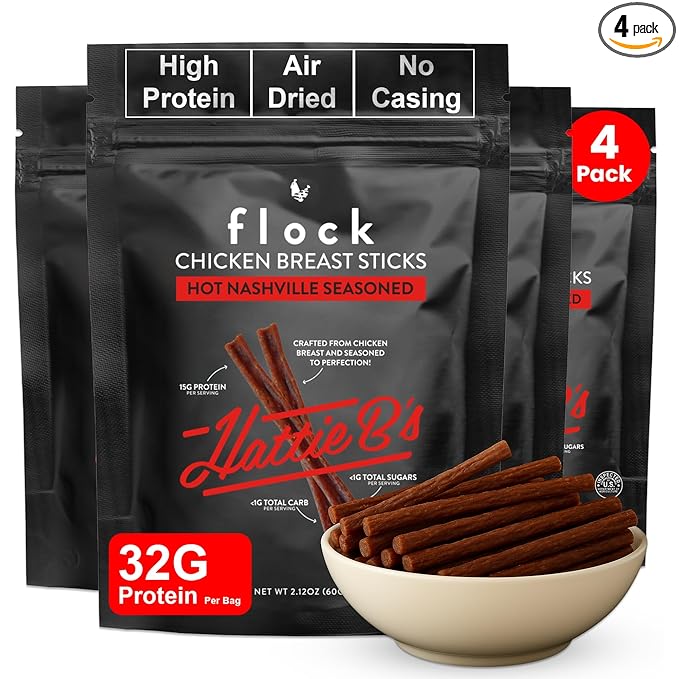 Flock Air Dried Chicken Breast Meat Sticks, High Protein Chicken Jerky Snacks, Healthy Chicken Snack Sticks for People, Hattie B's Hot Nashville Flavor, 32g Protein per Bag, 2.12 oz, 4 Pack