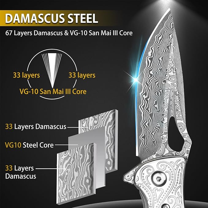 NedFoss Heron Damascus Pocket Knife, 2.8" Handmade Forged VG10 Damascus Steel Blade, 6.5" EDC Folding Knife with Retro Leather Sheath, Ebony Handle, Pocket Clip, Liner Lock, Cool Gifts Collection