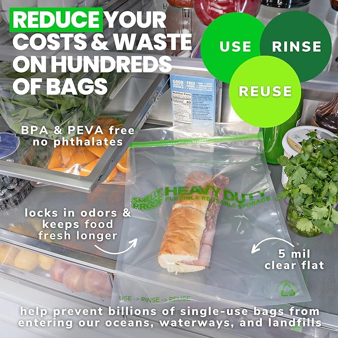 Smelly Proof REUSABLE STORAGE BAGS, Extra Large HEAVY DUTY 5-mils US-Made, BPA FREE, NO PEVA, Dishwasher-Safe Reusable Freezer Bags Triple Zip CLEAR FLAT XXL 2-Gallon 12" x 16" - 5pk