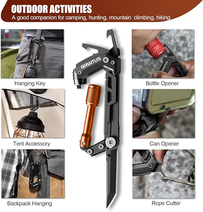 Carabiner Multitool with Pocket Knives, EDC Carabiners, Serrated Knife, Rope Cutter, Screwdriver, Can Bottle Opener, Ruler, Folding Knife for Camping Hiking, Gifts for Men (Orange)