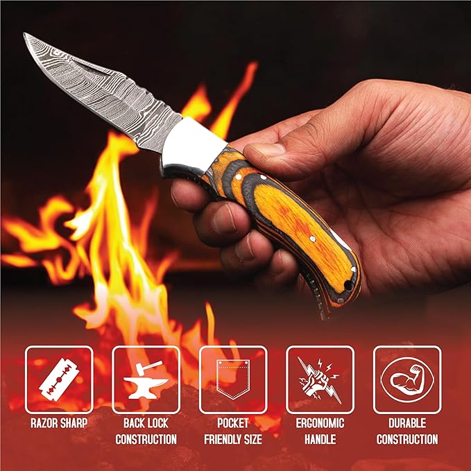 6.5 inch Damascus Pocket Knife with Sheath, Handmade Folding Pocket Knife for Men, Black-Red Wooden Handle with Brass Bolster, Secure Lock Back Camping Knife for EDC,Hunting,Hiking (Yellow)