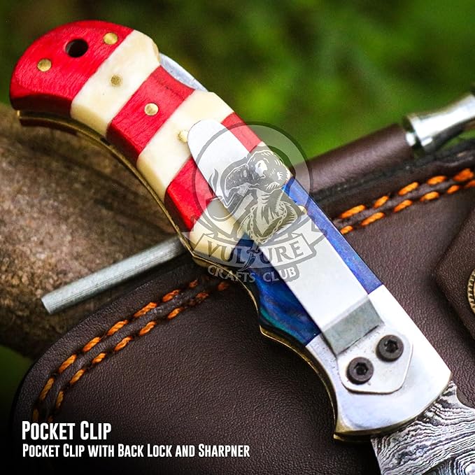 Damascus Steel Pocket Knife with Clip and Leather Sheath - EDC Knife for Outdoor and Camping Activities, Handmade Folding Knife, Free knife Sharpner (American Flag handle) (American Flag Handle)