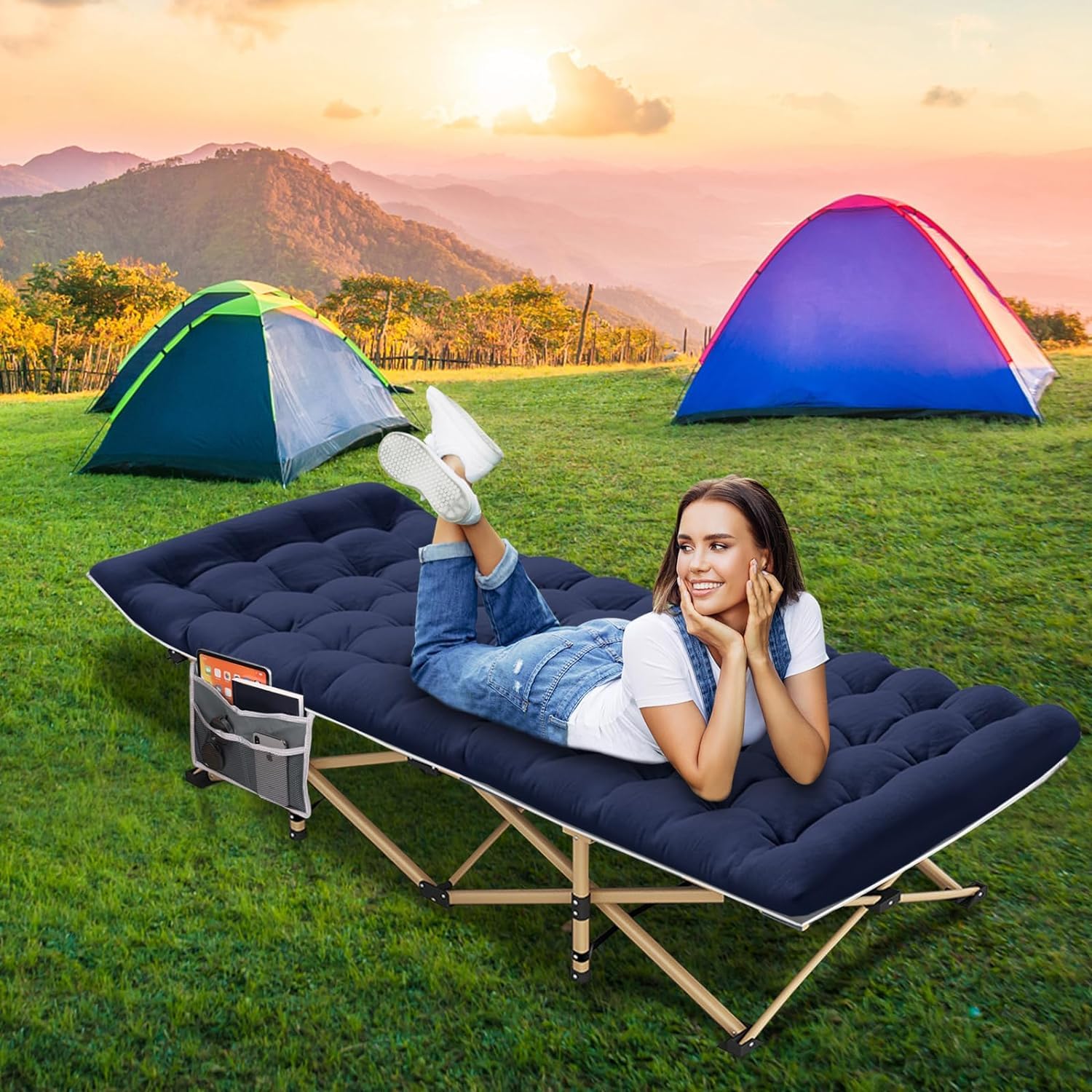 ARAER Camping Cot with Mattress 450LBS Portable Folding Outdoor Bed with Carry Bag for Adults Kids