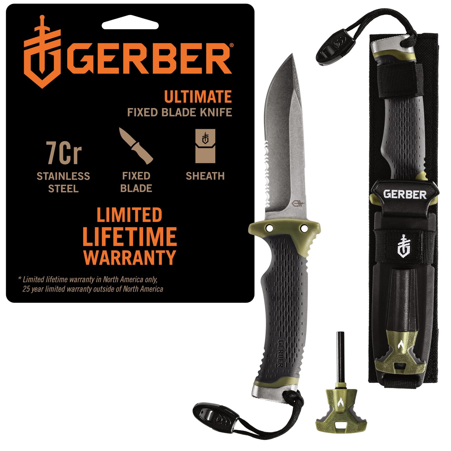 Gerber Ultimate Fixed Blade Knife w/Sheath, Knife Sharpener, Ferro Rod
