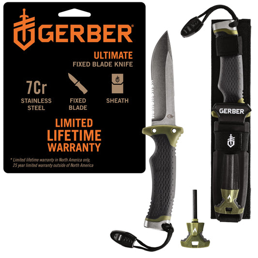 Gerber Ultimate Fixed Blade Knife w/Sheath, Knife Sharpener, Ferro Rod