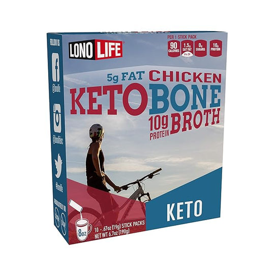 LonoLife Keto Chicken Bone Broth Powder Mix | 10g Protein | Collagen-Rich, Keto & Paleo Friendly | Natural Ingredients | 10 Portable Stick Pack Servings