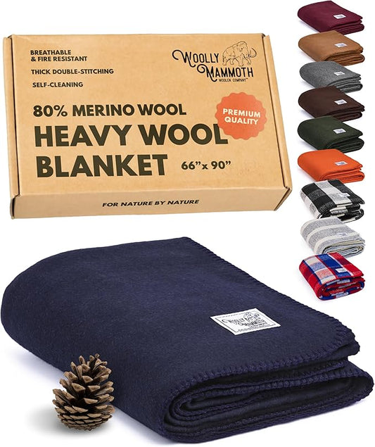 Woolly Mammoth Woolen Company Merino Wool Camping Blanket - 66" x 90", Navy Blue - Compact Design & Hunting Essentials - Heavyweight Insulation & Wool Throw Blanket - Solid Pattern & Bedroll Use