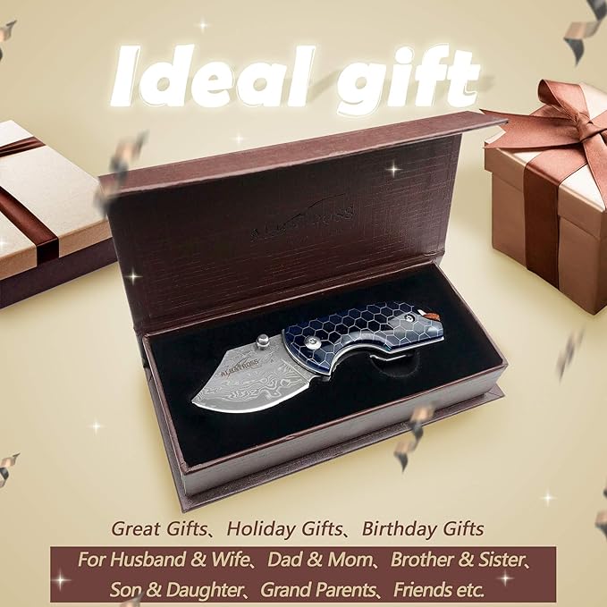 ALBATROSS Mini EDC Folding Pocket Knife - 1.75" Damascus Steel Blade, Blue Resin Handle with Aluminum Honeycomb Pattern, Tactical Camping Knife with Gift Box - HGDK022