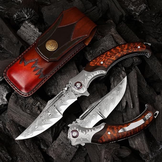 4.6in Damascus steel blade, ebony inlaid with serpentine wood handle with leather pocket folding knife, suitable for camping cutting