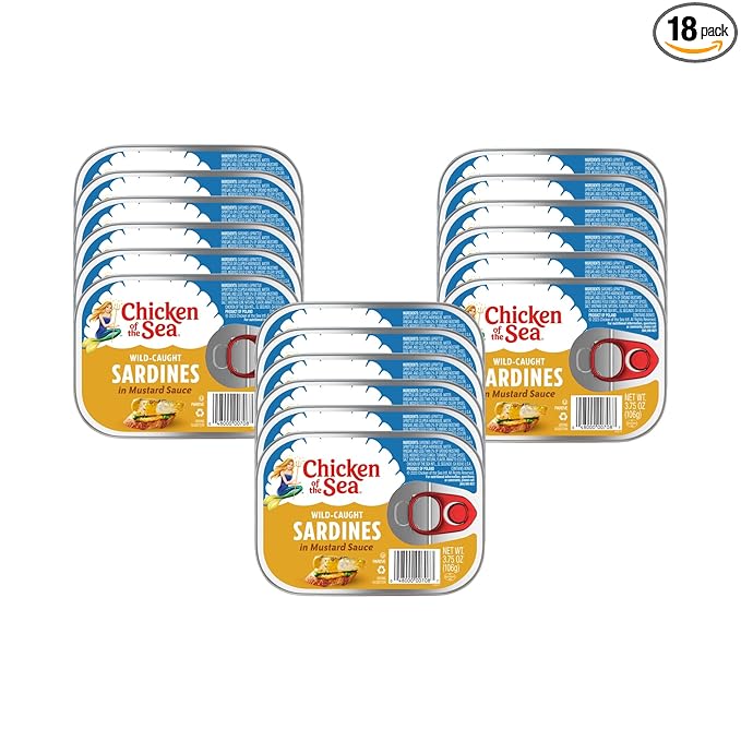 Chicken of the Sea Sardines in Mustard Sauce, 3.75 Ounce Cans (Pack of 18), Wild Caught Canned Sardines, Packaging May Vary