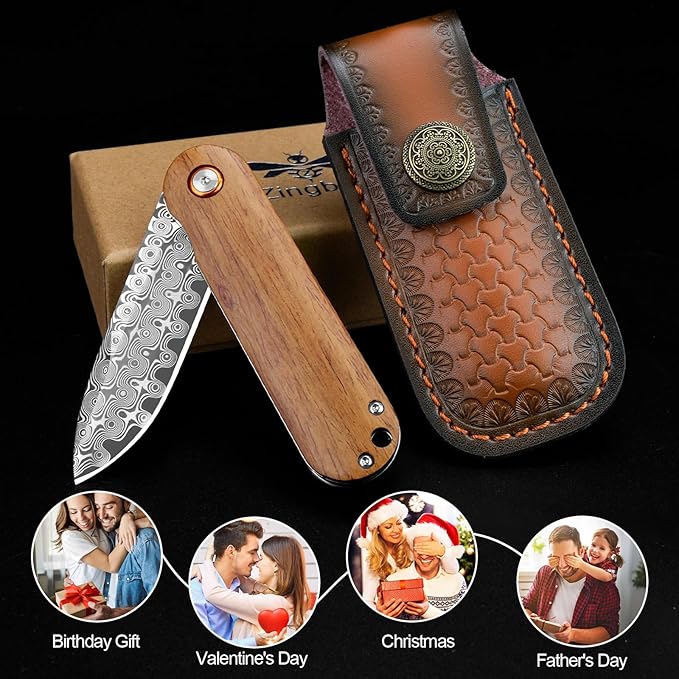 Damascus Pocket Knife, 2.95" Damascus Steel Blade Pocket Knives & Folding Knives, Wooden Handles EDC Knife for Women Men