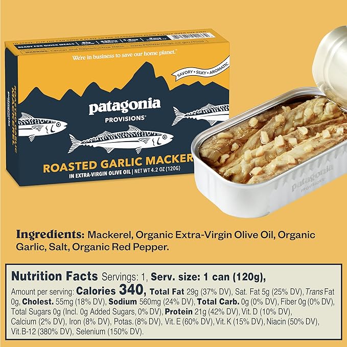 Patagonia Provisions Best Sellers Fish Bundle | (1) Roasted Garlic Mackerel, (1) Smoked Mussels, (1), Lemon Olive Anchovies, (1) Coconut Curry Sardines