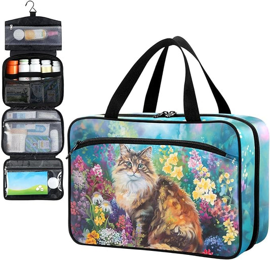 Fustylead Fantastic Cat in Colorful Spring Floral Travel Medicine Storage Bag Large Household Pill Bottle Organizer with Zipper for First Aid, Pills, Vitamins, Medical Supplies