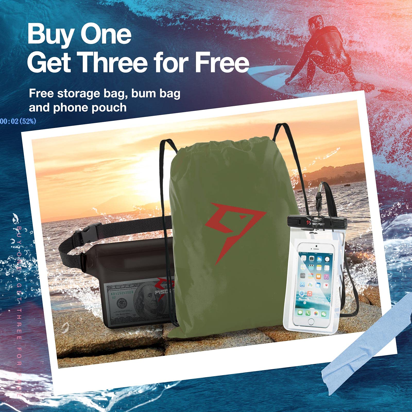 Piscifun Dry Bag Waterproof, Floating Dry Backpack, Lightweight Waterproof Dry Bag with Waist Pouch