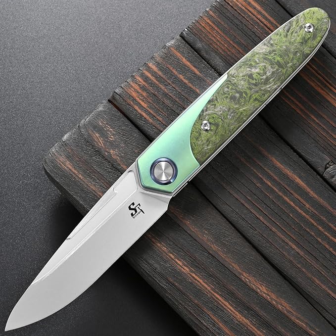 Sitivien ST992 Folding Pocket Knife,Handmade M390 Pearlescent Brushed Steel Blade,Titanium Carbon Fiber Handle EDC Tool Knife for Outdoor Camping,Hiking,Survival,Hunting(Green) … … …