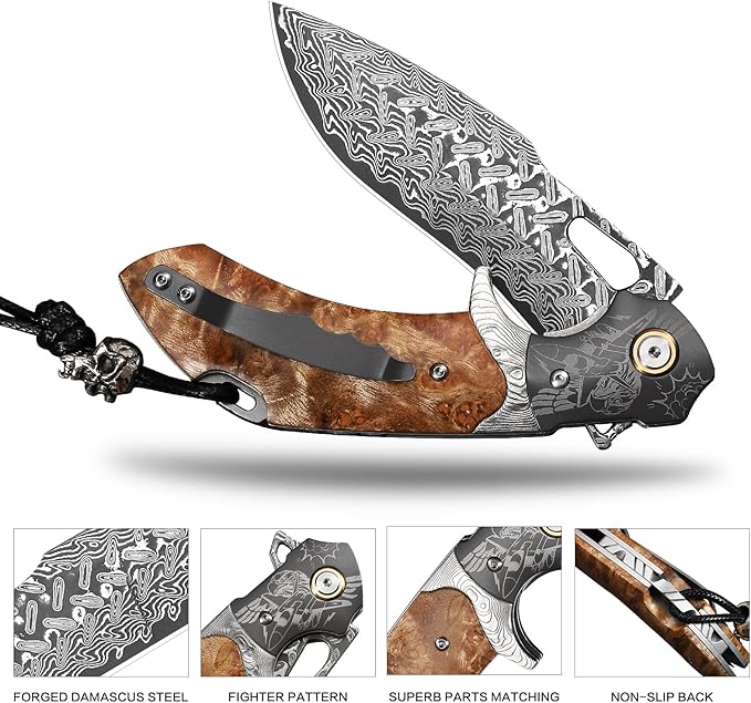 Damascus Steel Folding Pocket Knifeï¼?.6in Men's EDC knife，With leather sheath，pocket clip，Liner Lock，Fighter Pattern，Tree Tumor Shadow Wood Handle，For outdoor hunting Fishing camping knife
