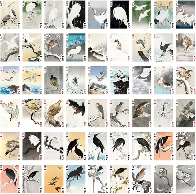 Stunning Birds Playing Cards (Poker Deck 54 Cards All Different) Vintage Antique Japanese Engraving Watercolor Illustration by Koson Ohara