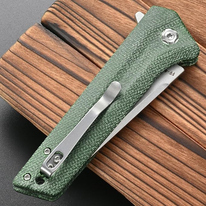 FF4 Folding Knife, AUS-10 Steel Blade Micarta Handle Knife for Outdoor Camping Hunting Fishing Survival(Green)