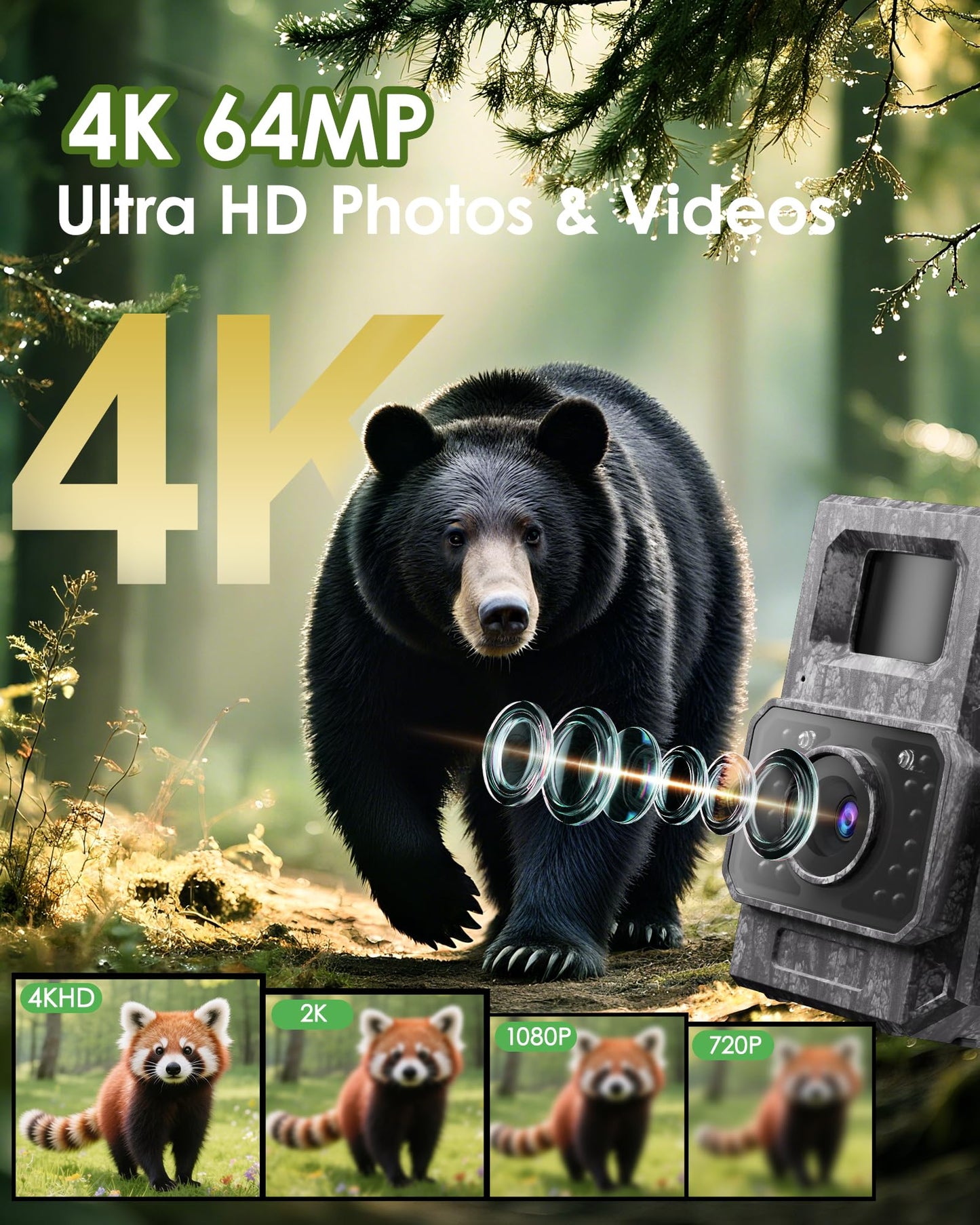 MAXDONE Solar Trail Camera, 4K 64MP WiFi Bluetooth Night Vision Game Camera