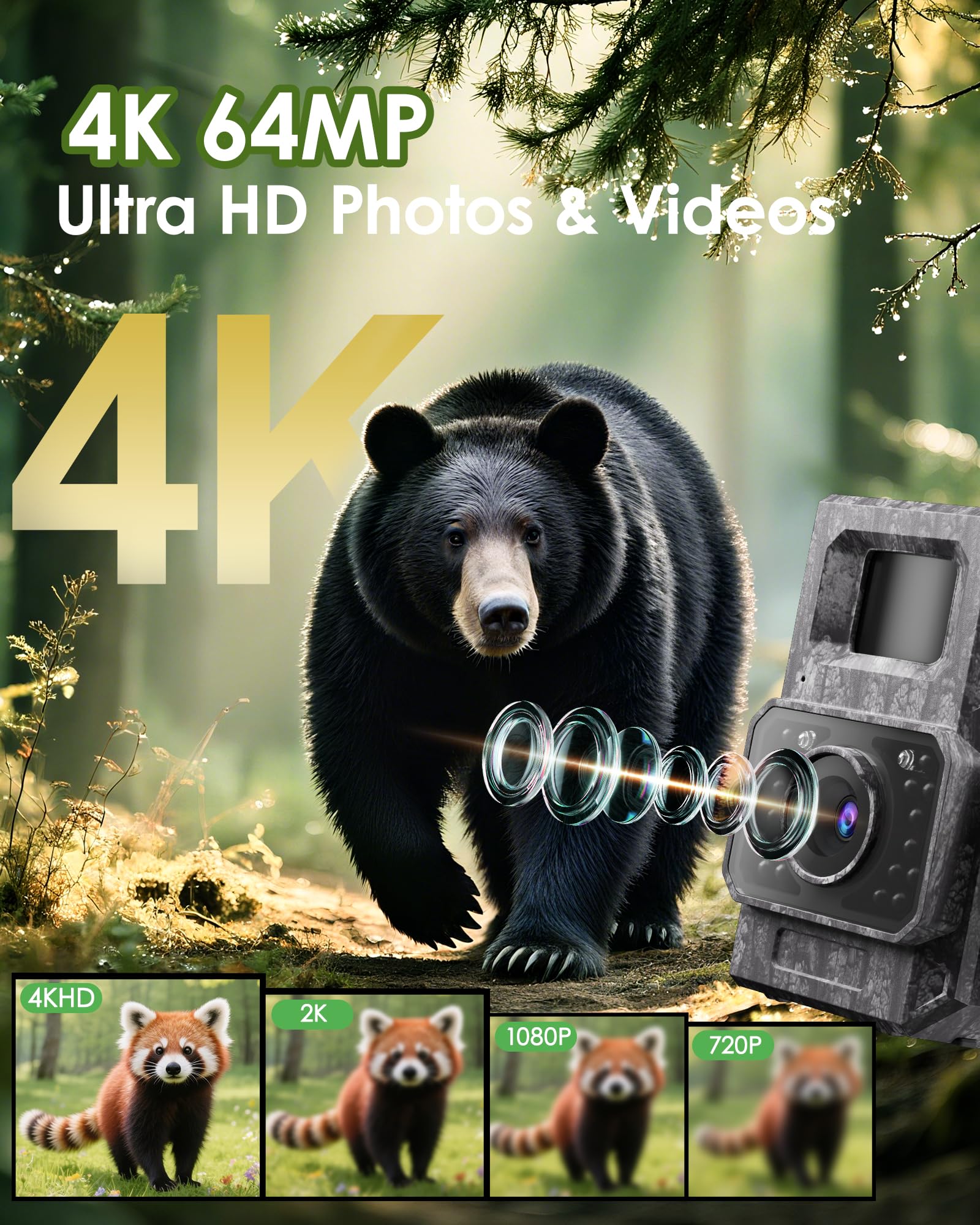 MAXDONE Solar Trail Camera, 4K 64MP WiFi Bluetooth Night Vision Game Camera