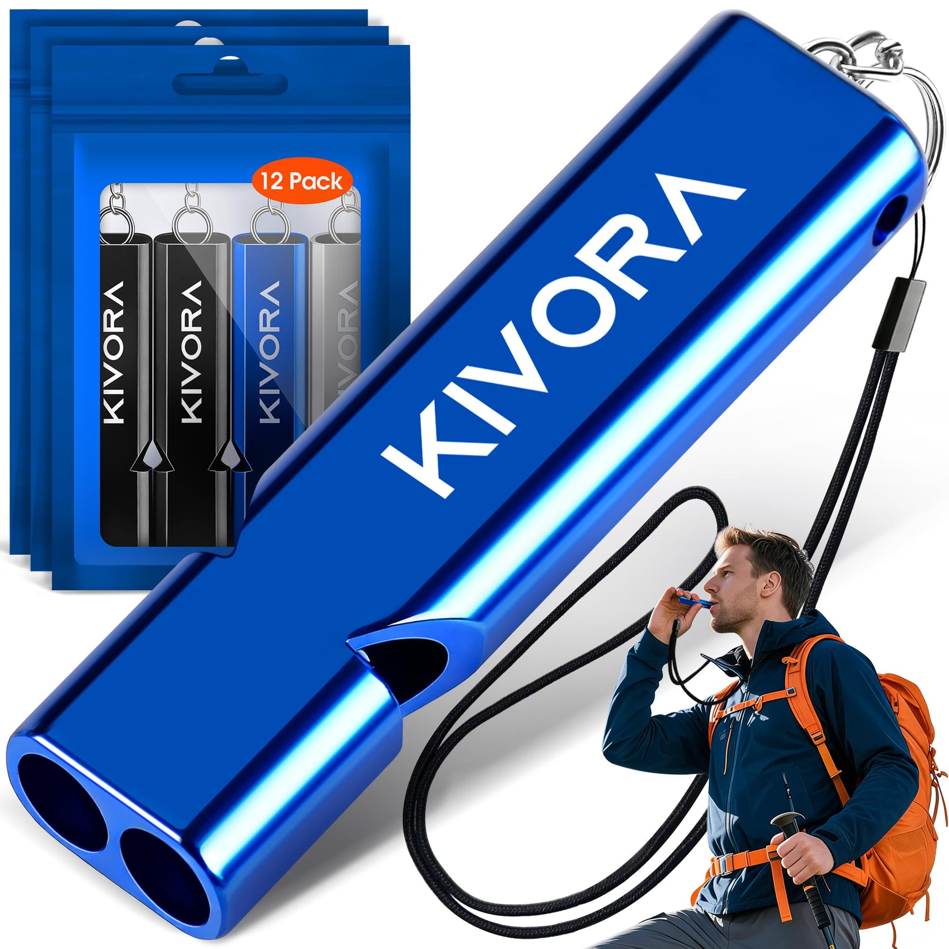 KIVORA Emergency Whistle, 12 Pack 126dB Super Loud Aluminum Safety Survival Whistles with 12